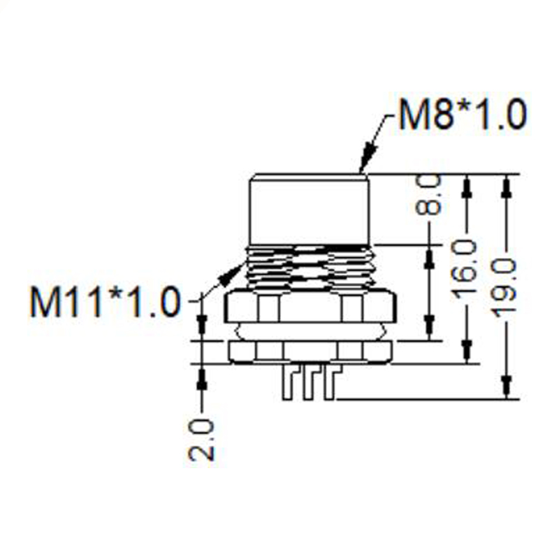 M8 5pins B code female straight front panel mount connector, unshielded, solder